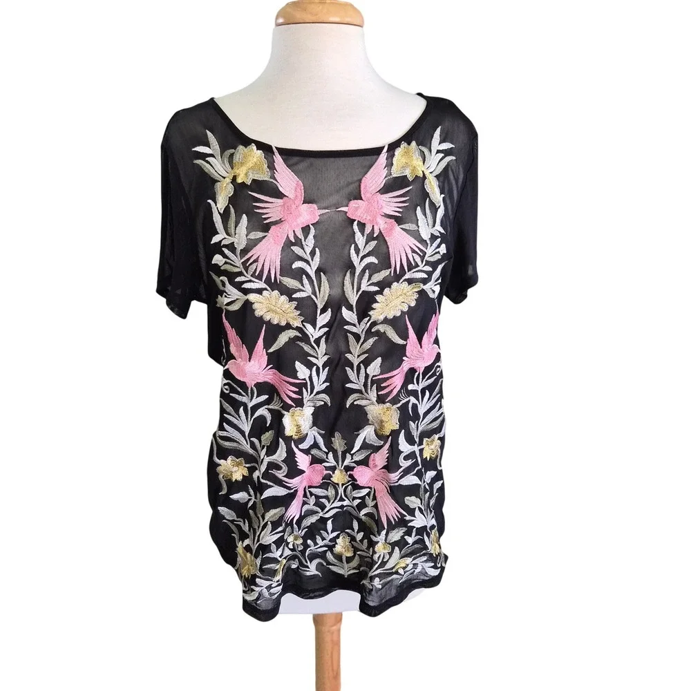 Embroidered Hummingbird Mesh Top‎ Black Sheer Floral Short Sleeve Blouse Women